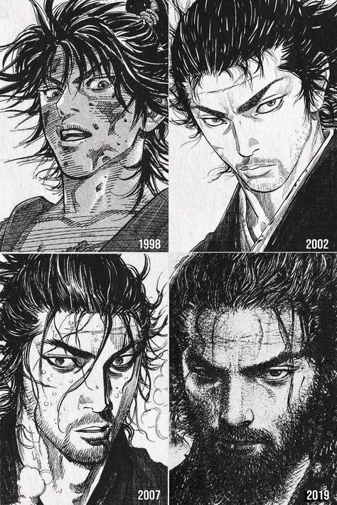 Vagabond art evolution Miyamoto Musashi Art, Takehiko Inoue, Black And White Drawings, Vagabond Manga, Samurai Artwork, Miyamoto Musashi, Samurai Art, Manga Artist, 영감을 주는 캐릭터