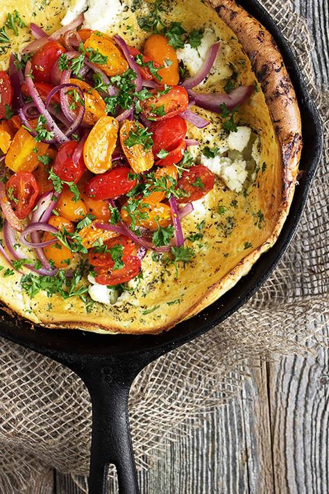 Tomato and Goat Cheese Dutch Baby Savory Dutch Baby, Dutch Babies, Baby Recipe, Dutch Baby Recipe, Meatless Meal, Dutch Baby Pancake, Sauteed Veggies, Dutch Baby, Hot Pepper