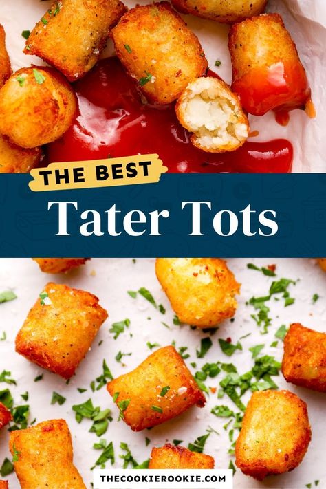 Making crispy, golden brown Tater Tots from scratch can be just as easy as opening up a bag of the frozen kind. All you need are some potatoes and a handful of other ingredients to make these deep-fried, homemade tater tots in less than an hour. These make a great side dish for lots of dinners, and the kids will gobble them up. Pop over to my site for the recipe! Home Made Tater Tots, Homemade Tater Tots, Cheesy Tater Tots, Sweet Potato Tots, Burger Side Dishes, Tater Tot Recipes, Best Side Dish, Frozen Bag, Baked Chicken Nuggets