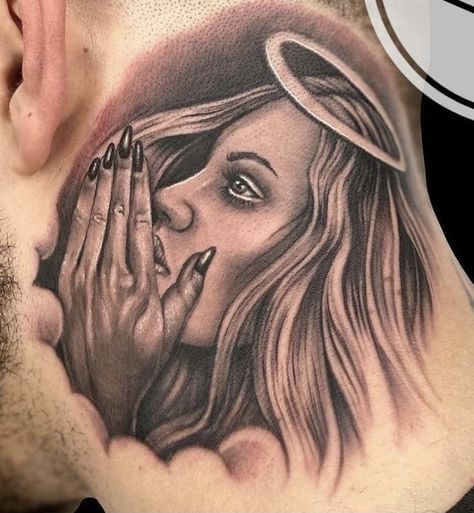 Angel In Ear Tattoo, Whisper In Ear Tattoo, Whispering Angel Tattoo, Woman Whispering In Ear, Angel Whispering Tattoo, Angel Whispering In Ear Tattoo Design, Angel Whispering In Ear Tattoo, Angel Neck Tattoo, Calf Sleeve Tattoo