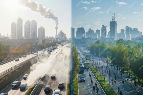 Contrasting Urban Pollution with Green City Living Traffic and Air Quality in Sustainable Cities | Premium AI-generated image Air Pollution Project, Traffic Pollution, City Pollution, Polluted City, Birds Eye View City, Pollution Environment, Clean City, Environment Sketch, Air Image