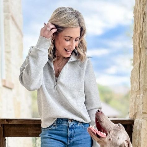 Marnie Goldberg on Instagram: "Rowdy seems to be as happy about this new @Spanx AirEssential color release as I am-maybe because they’re both grey!! I’m wearing the half-zip in a size small; it’s the perfect layering piece for spring! Paired it with my new jeans from @talbotsofficial and my go-to driving loafers for an everyday casual look. 

How to Shop This Post:
🌟 INSTAGRAM ONLY: Comment the word LINK to get the details sent directly to your DM’s.
🌟 FACEBOOK: Click the post link here: https://liketk.it/4ADye
🌟 You can find all my posted outfits and more with sizing details, discount codes & links on my ShopLTK page under @msgoldgirl or at https://www.shopltk.com/explore/msgoldgirl
#notsponsored #fashionover40 #fashionover50 #jeans #rawhemdenim 
#liketkit #LTKshoecrush #LTKover40
@sho Madewell Whisper Tee, Driving Loafers, Fashion Over 40, Fashion Over 50, Layering Pieces, Half Zip, Casual Looks, Grey, How To Wear