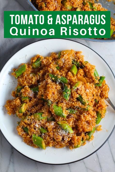 This Asparagus and Tomato Quinoa Risotto is aquickie-version that's a hearty, delicious, and healthy dinner. The Quinoa beautifully absorbs and plumps up with all of the flavor from the broth, onions, garlic, tomato paste and oregano. Then cut asparagus is mixed in along with nutty and creamy parmesan cheese for a perfect finish. #quinoarecipes #healthydinners #meatlessdinners #vegetariandinners Risotto With Asparagus, Quinoa Risotto, Easy Spring Recipes, Meatless Monday Dinner, Busy Mom Recipes, Delicious Family Dinners, Meatless Dinner, Creamy Parmesan, Vegetarian Dinners