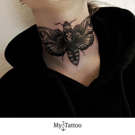 Skull Moth Neck Tattoo, Throat Moth Tattoo, Moth On Neck Tattoo, Meaningful Throat Tattoos Women, Neck Moth Tattoo, Bug Neck Tattoo, Moth Throat Tattoos Women, Moth Neck Tattoos Women, Gothic Throat Tattoo