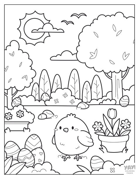 Easter egg hunt in garden with baby chick. Duck Coloring Pages, Egg Coloring Pages, Cute Coloring Pages For Kids, Easter Egg Coloring, Digital Colouring, Egg Coloring, Easter Egg Coloring Pages, Easter Coloring Book, Spring Coloring Pages