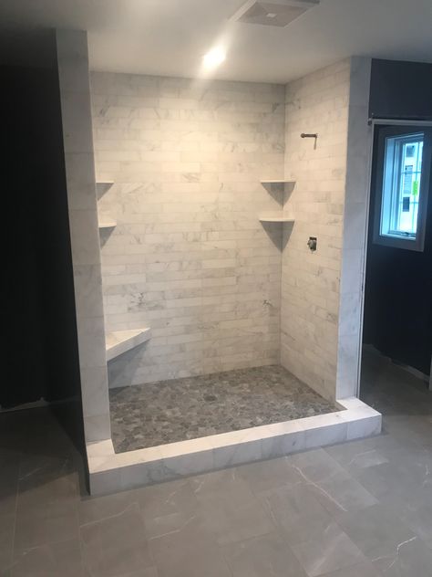 Carrara subway, pebble shower floor, slate look floor Dark Pebble Shower Floor, Dark Shower Floor, Pebble Floor Shower Ideas, Slate Bathroom Floor, Pebble Shower, Pebble Shower Floor, White Shower Tile, Slate Bathroom, Slate Shower