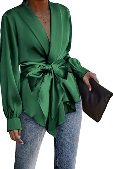 Amazon.com: ACEVOG Women's Satin Blouse Wrap Tie Waist or Open Front Shirt Silk Drape Dressy Long Sleeve Top : Clothing, Shoes & Jewelry Tie Front Top Pattern, Work Cardigan, Satin Wrap Top, Chiffon Shirt Blouse, Silk Blazer, Silk Cardigan, Wrap Shirt, Elegant Blouses, Satin Blouse