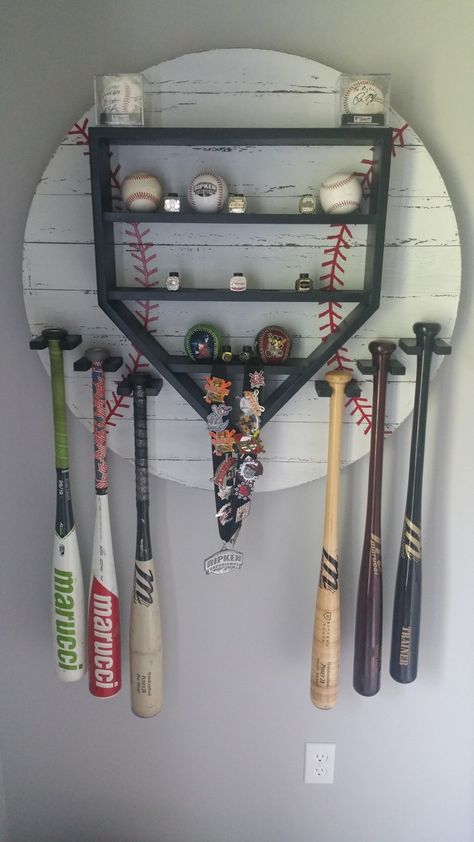 Baseball House Decor, Baseball Bat Shelf, Baseball Shelf Display, Baseball Display Shelf, Baseball Storage Ideas, Baseball Trophy Display Ideas, Baseball Bat Display Ideas, Softball Trophy Display Ideas, Baseball Decor For Boys Room