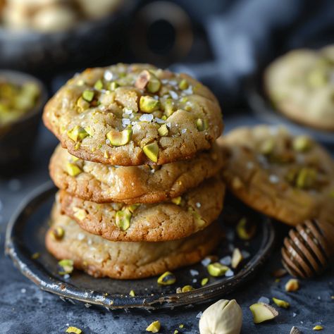 Salted Honey Pistachio Cookies - Recipes, Tasks & Tools Sea Salt Pistachio Cookies, Honey Pistachio Cookies, Salted Honey Pistachio Cookies, Pistachio Ricotta Cookies, Salted Cookies, Pistachio Cookie, Savory Cookies Recipes, Savory Cookies, Key Lime Cookies