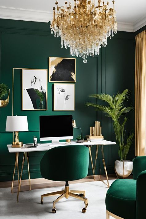 Emerald Home Office, Bright Green Office, Emerald Office Decor, Emerald Green Home Office, Emerald Green Office Ideas, Emerald Green Office Decor, Office Interior Design Green, Dark Green Office Ideas, Green Study Room