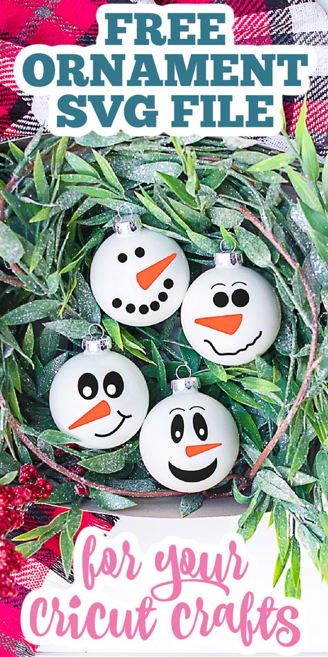 Get this free ornament SVG file and add to some holiday crafts! These snowman faces are perfect for your Cricut crafts! #ornaments #cricut #freesvg Reindeer Ornaments Cricut, Free Svg Ornament Files, Cricut Disk Ornaments, Snowman Faces Svg Free, Silhouette Cameo Christmas Ornaments, Christmas Svgs For Ornaments, Svg Christmas Ornaments Free, Cricut Xmas Ornaments, Free Snowman Faces Svg Files For Cricut