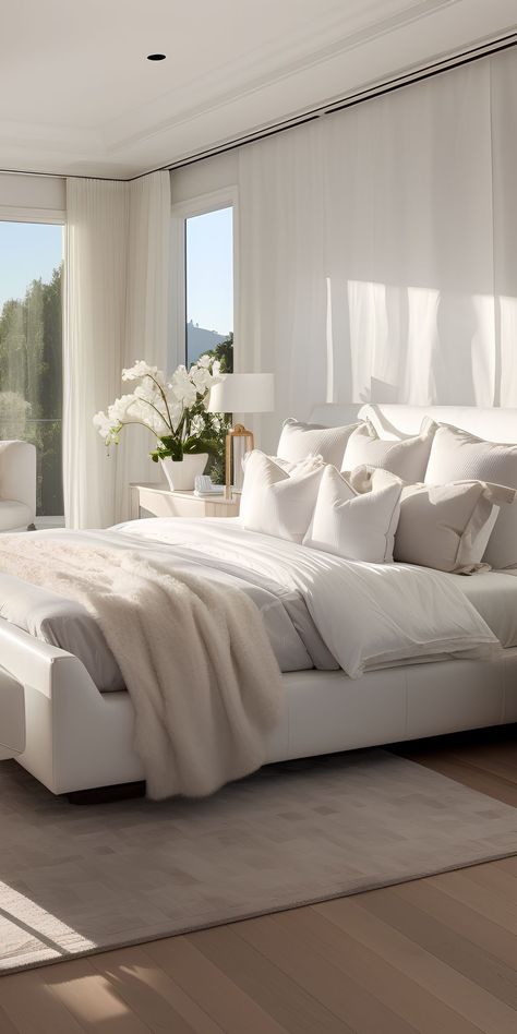 Luxury Bed Aesthetic, Aestheic Beds, Feminine Bedroom Elegant Modern, Modern Luxury Bedding, All White Bedding Ideas, Cozy Luxurious Bedroom, White Hotel Bedding, White Master Bedrooms Decor Modern, Hotel Room Inspired Bedroom