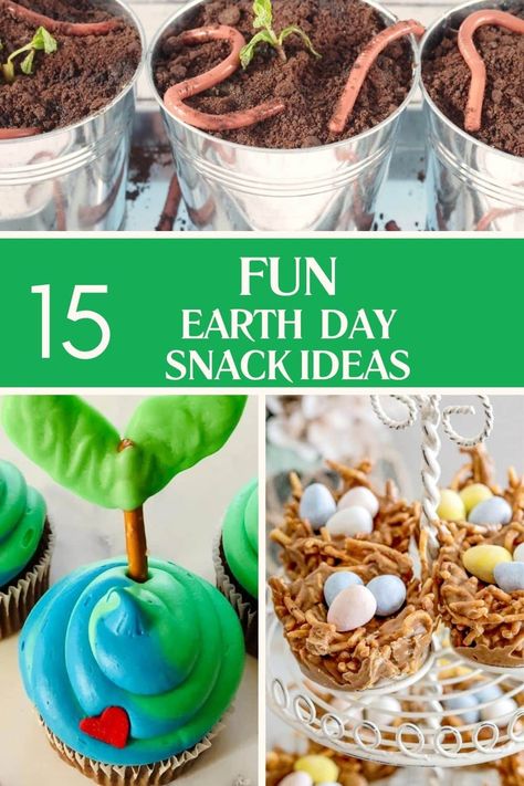 3 photos of Earth Day snacks (dirt and worms on top and cupcakes and bird nest cookies on the bottom) Earth Day Treats, Theme Snack, Recycling Activities, Food Art For Kids, Frozen Dessert Recipe, Snacks For Kids, Healthy Grilling Recipes, Grilled Fruit, New Year's Eve Recipes