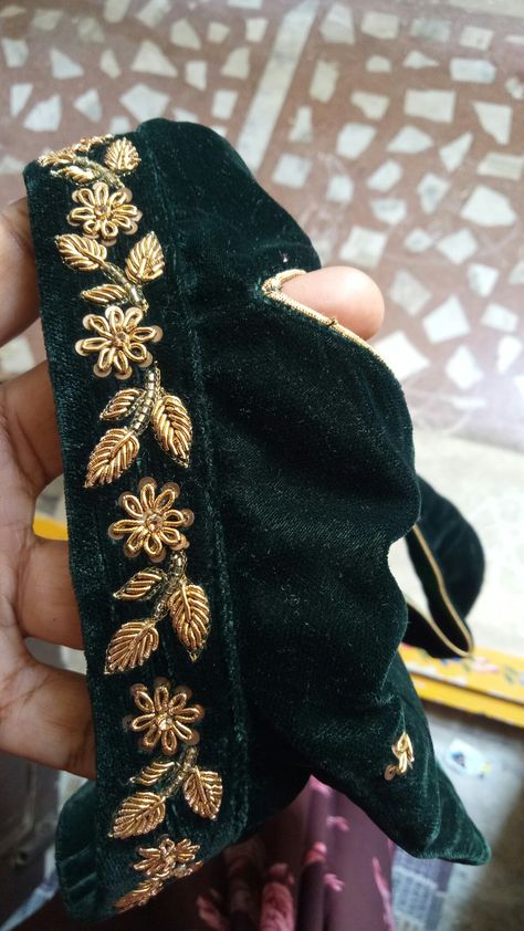 Aari Borders Design, Zardosi Embroidery Designs, Aari Work Flower Designs, Khatli Work Blouse Design New, Cold Shoulder Blouse Designs, Zardosi Work Blouse, Green Blouse Designs, Khatli Work, Fashion Illustration Collage