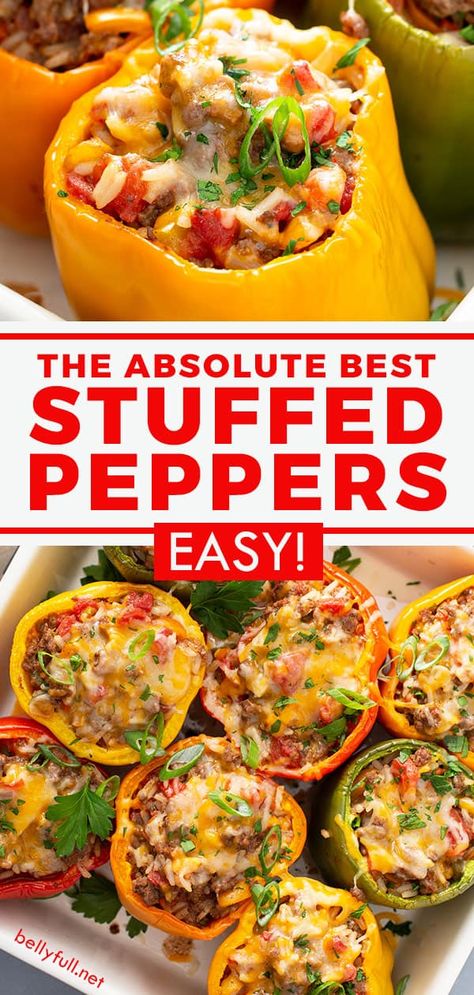 These easy Stuffed Peppers start with gorgeous multi-colored bell peppers, filled with a hearty mix of ground beef, rice, tomatoes, and seasonings, then finished with cheese and baked until tender. It's a perfect all in one healthy, delicious dinner that your family will love! Pioneer Woman Stuffed Peppers, Stuffed Mini Peppers With Ground Beef, Quick Stuffed Bell Peppers Easy Recipes, Stuffed Bell Peppers With Corn, Simple Stuffed Bell Peppers, Healthy Stuffed Bell Peppers Ground Beef, Stuffed Bell Peppers With Ground Turkey And Rice, Ground Beef Stuffed Peppers, Orzo Stuffed Peppers