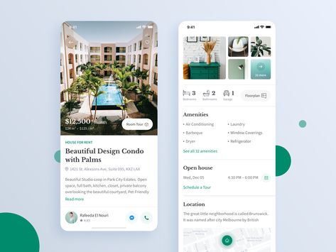 Nice design - bottom sticky contact card - "room tour" and "floor plan" button (icon could be animated) Craigslist Redesign, Booklet Layout, Travel Website Design, House App, App Inspiration, App Design Layout, Ios App Design, Card Ui, Modern Website Design