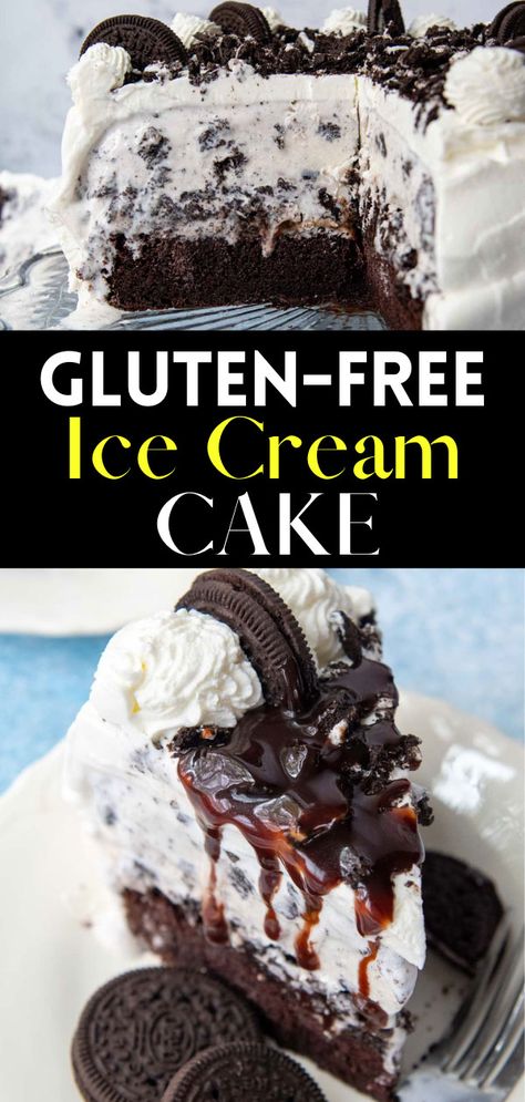 Move over Dairy Queen because this gluten-free ice cream cake beats any recipe out there! Celebrate a birthday or special occasion with chocolate cake layered with gluten-free Oreos, hot fudge, and ice cream, all covered with fluffy whipped cream frosting. An easy gluten-free dairy-free ice cream cake option is included. Gluten Free Ice Cream Desserts, Dinner Recipes Dairy Free, Dairy Free Ice Cream Cake, Gluten Free Ice Cream Cake, Recipes Dairy Free, Gluten Free Oreos, Oreo Ice Cream Cake, Easy Ice Cream Cake, Gluten Free Ice Cream