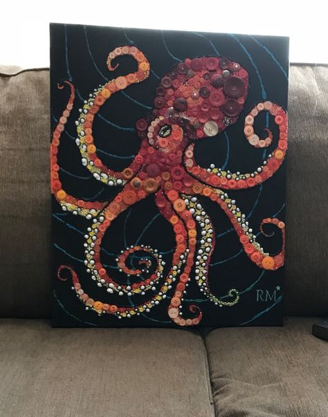 Orange Octopus, Octopus Drawing, Red Octopus, Cap Art, Bottle Cap Art, Mosaic Art Projects, Octopus Art, Rhinestone Art, Acrylic Painting Techniques