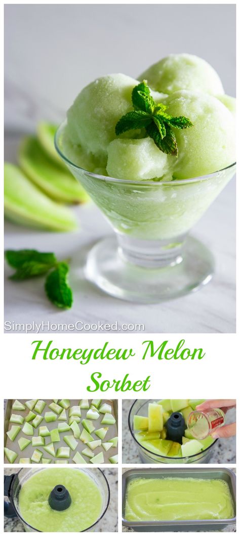 Honeydew melon sorbet sweetened with a touch of honey and flavored a splash of… Honey Melon Recipe, Frozen Melon Recipes, Honeydew Melon Recipes Desserts, Melon Sorbet Recipe, Honeydew Cake, Honeydew Melon Cake, Honeydew Dessert, Melon Gelato, Honeydew Recipes