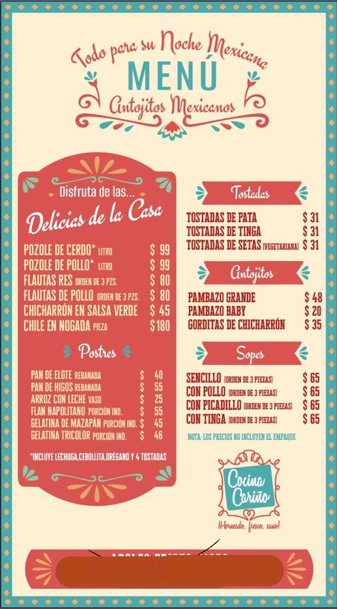 Mexican Restaurant Menu Design, Tacos Menu, Mexican Restaurant Design, Mexican Cocktails, Mexican Menu, Menu Card Design, Menu Inspiration, Food Signs, Luau Birthday