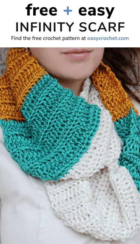 Learn how to crochet this easy infinity scarf design with our FREE pattern! Key Hole Scarf Crochet Pattern, Crochet Infinity Scarf Pattern Free, Infinity Scarf Crochet Free Pattern, Crochet Infinity Scarf Free Pattern, Infinity Scarf Crochet Pattern, Granny Square Patterns, Crochet Infinity Scarf Pattern, Infinity Scarfs, Hats Crochet