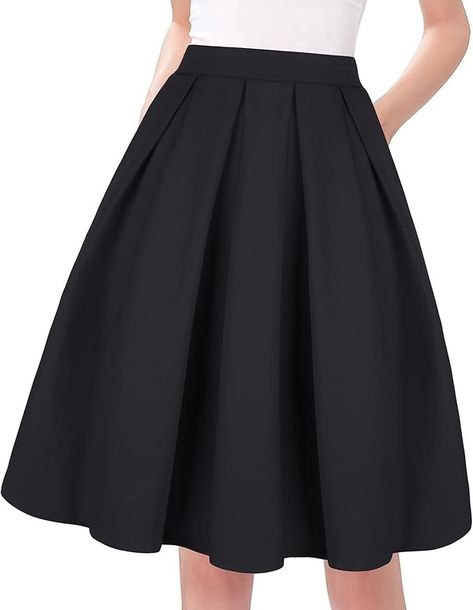 Tandisk Women's High Waist Flared Skirt Pleated Midi Skirt with Pocket Black L at Amazon Women’s Clothing store Skirt Casual Outfit, Flared Midi Skirt, Midi Skirt With Pockets, Elastic Skirt, Pocket Skirt, Skirt Casual, Midi Flare Skirt, Printed Pleated Skirt, Skirt Pleated