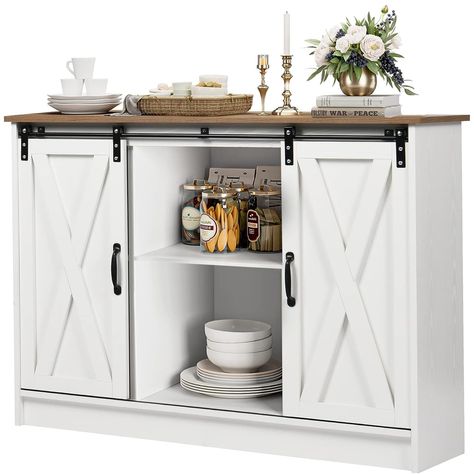 PRICES MAY VARY. 【Farmhouse Coffee Bar】:The farmhouse coffee bar with storage complements your dining room. The 2 open storage spaces in the middle with sliding doors designed with black metal strips are both beautiful and convenient. It makes the white coffee bar cabinet with storage overall elegant and luxurious. 【Sliding Barn Door Design】: Compared with the traditional coffee bar cabinet with doors, this white coffee bar cabinet is designed with elegant and chic looking sliding barn doors, su Farmhouse Buffet Cabinet, White Sideboard Buffet, Dining Room White, Luxury Kitchen Cabinets, Coffee Cabinet, Coffee Bar Cabinet, Farmhouse Buffet, White Buffet, Farmhouse Coffee Bar