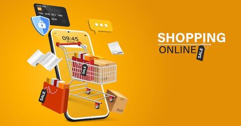 Online shopping concept shopping cart wi... | Premium Vector #Freepik #vector #online-market #digital-store #online-store #internet-shop Online Store Cover Photo, Online Shopping Poster Design, Online Shopping Ads Design, Logo For Shopping Online, Ecommerce Banner Design Ideas, Shopping Mall Poster Design, Store Banner Design, Online Shopping Images, E Commerce Web Design