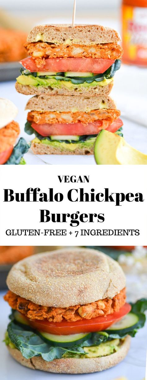 Looking for a crowd-pleasing recipe to make for the Super Bowl? This Buffalo Chickpea Burger is IT. This vegan veggie burger is full of flavor, easy to make and is gluten-free. Pile it high with your favorite toppings like ranch, guac, and extra hot sauce. #vegan #superbowlrecipes #veganburger #veggieburger #buffalo #glutenfree #glutenfreevegan #glutenfreerecipes #veganrecipes Buffalo Chickpea Burger, Vegan Bean Recipes, Vegan Burger Recipe, Whole Foods Vegan, Chickpea Burger, Veggie Burgers Recipe, Vegan Lunch Recipes, Easy Vegan Dinner, Healthy Vegan Snacks