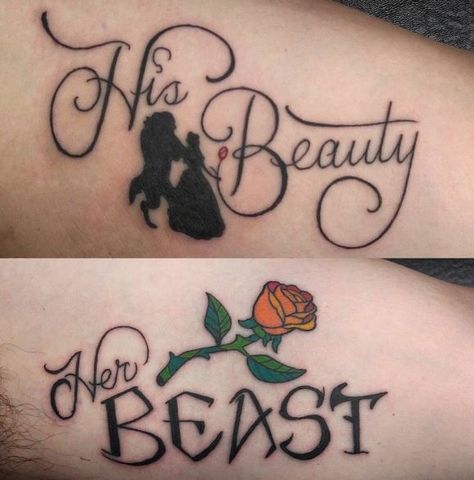 His Beauty, Her Beast #beautyandthebeasttattoo #tattoo #beautyandthebeast Beauty And The Beast Finger Tattoo, His Beauty Her Beast Tattoo Couples, Couples Tattoos Beauty And The Beast, Her Beast His Beauty Tattoo, Beauty And The Beast Couples Tattoo, Her Beast Tattoo, Beauty And The Beast Tattoo Couples, His Beauty Her Beast Tattoo, Beauty Beast Tattoo