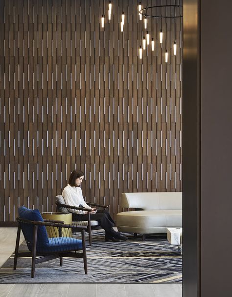 The 300 | Huntsman Architectural Group | Archinect Office Building Lobby, Soft Seating Area, Building Lobby, Lobby Seating, The 300, Lobby Interior, Wood Cladding, Chicago River, Cafe Chairs