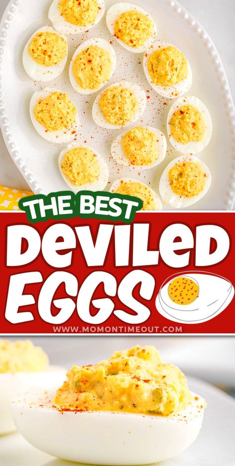 This classic Deviled Eggs recipe is easy to make, incredibly delicious and is a crowd pleasing appetizer that everyone will enjoy! A creamy, tangy filling is the key to the best deviled eggs and this recipe certainly delivers! One of our all time favorite party appetizer recipes! // Mom On Timeout Deviled Eggs Recipe Best Easy, Deviled Eggs Recipe Best, Classic Deviled Eggs Recipe, Best Deviled Eggs Recipe, Party Appetizer Recipes, The Best Deviled Eggs, Favorite Party Appetizers, Devil Eggs, Classic Deviled Eggs