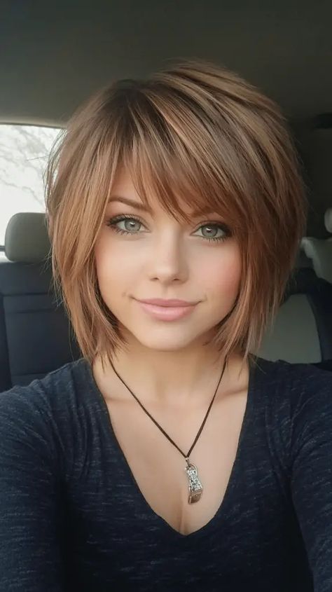 27 Stunning Layered Stacked Bob Haircut Ideas You Need to Try Right Now Mid Bob With Fringe, Stacked Bob Haircut Medium Length, Inverted Bobs For Thick Hair, Short Front Long Back Haircut, Side Bang Bob Haircut, Womens Short Hair Styles 2024, Short Girls Haircut, Layered Hair From The Back, Choppy Bob Haircuts For Thick Hair