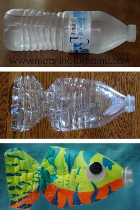 botella decorada, ideas de manualidades infantiles originales, botellas de plastico decoradas para pequeños y adultos Water Bottle Fish, Fish Crafts Kids, Bottle Fish, Water Bottle Art, Water Bottle Crafts, Fish Craft, Recycled Crafts Kids, Plastic Bottle Art, Plastic Bottle Flowers