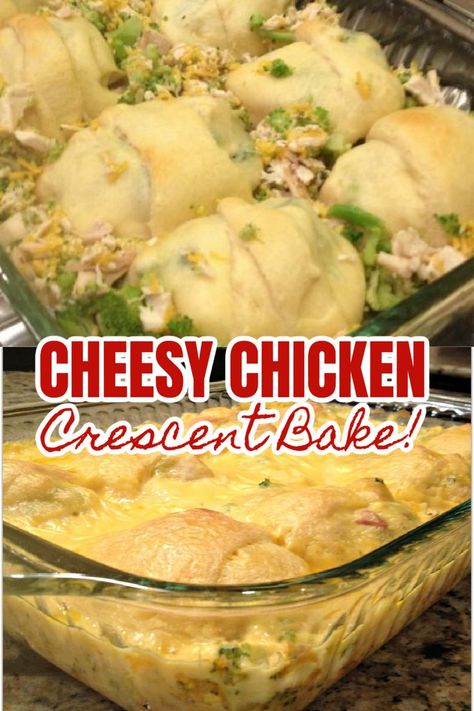 CHEESY CHICKEN CRESCENT BAKE - Crescent rolls stuffed with rotisserie chicken, broccoli and cheddar cheese, baked, then smothered in a cheesy sauce....and baked again. Absolutely delicious! Rotisserie Chicken Crescent Rolls, Chicken Broccoli Crescent Roll Casserole, Cheesy Chicken Cresant Rolls, Cheesy Chicken Crescent Bake, Chicken Pillows Crescent Rolls, Cheesy Chicken Crescent Rolls, Rotisserie Chicken Broccoli, Chicken Crescent Bake, Crescent Roll Recipes Dinner