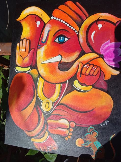 Acrylic painting, handmade, artsy, devotional Ganpati Drawing For Competition, Ganesh Chaturthi Painting Ideas, Creative Ganpati Drawing, Ganesh Ji Acrylic Painting, Folder Painting Ideas, Ganesh Ji Painting On Canvas, Ganeshji Images, Ganesh Ji Rangoli Design, Ganesha Canvas Painting Acrylics