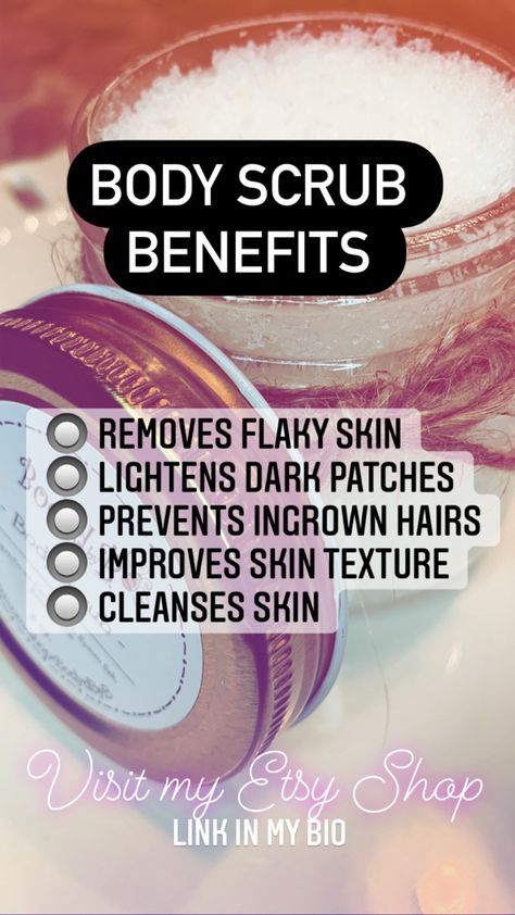 Body Scrub Benefits 
- Removes flaky skin
- Lightens dark patches 
- Prevents ingrown hairs 
- Improves skin texture 
- Cleanses skin Body Scrub Quotes, Body Scrub Content Ideas, Scrub Quotes, Body Scrub Benefits, Pumpkin Spice Body Scrub, Body Scrub Spa, Massage Ideas, Body Scrub Homemade Recipes, Scrub Homemade