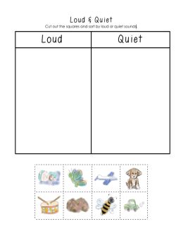 The Quiet Way Home (BFIAR) sorting by sound worksheet - visit www.littlelearninglane.com for more FREEBIES! Loud Vs Quiet Sounds Preschool, Loud And Quiet Activities For Preschool, Loud And Soft Sounds Activities, Sound Worksheets Science, Soft And Loud Sounds Kindergarten, Loud Soft, Five Senses Preschool, Senses Preschool, Sound Science