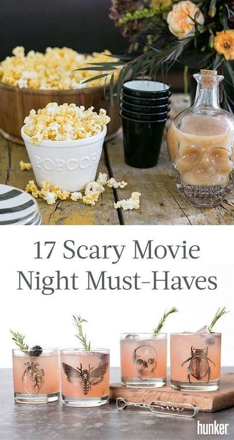 The devil is in the details! Get your home ready for a scary movie night with these festive and fun items you will use over and over again. Halloween Movie Night Party, Scary Movie Night, Horror Movie Night, Halloween Movie Night, Movie Night Snacks, Spooky Night, Movie Snacks, Spooky Movies, Movie Night Party