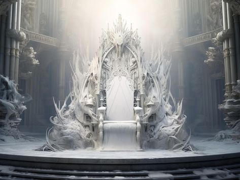 Decorated empty throne hall white throne | Premium Photo #Freepik #photo #king-chair #throne-chair #throne #royal-chair Fantasy Throne Chair Art, Ice Queen Narnia, Fantasy Throne Room, Royal Throne Room, She Shed Library, Shed Library, Freyr God, Ice Throne, Sara Landry