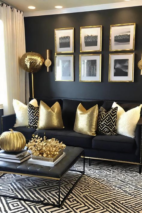 25 Black and Gold Living Room Ideas for Chic Decor Small Living Room Decor Apartment Classy, Modern Black And Gold Interior Design, Black Gold Silver Living Room Decor, Black And Gold Living Room Apartment, Black White Gold Living Room Decor, Black Front Room Ideas, Living Room Decor Black And Gold, Black And Gold Living Room Decor Ideas, Black Painted Walls Living Room