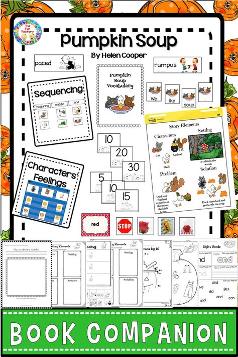 Pumpkin Soup by Helen Cooper.  Grades K-1.  Five days of before, during and after reading lesson plans, center activities and worksheets are included in the book companion. Pumpkin Soup Activities, Pumpkin Soup Book, Pumpkins Kindergarten, Halloween Literacy, Kindergarten Halloween, Pumpkin Unit, Halloween Resources, Reading Lesson Plans, Fall Lessons