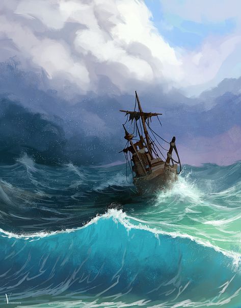 Fantasy Ocean Art, Boat In Storm, Boat In A Storm, Ship In Storm, Ship In A Storm, Storm Illustration, Wave Boat, Tsunami Waves, Wave Drawing