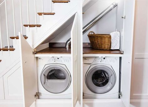 Washer and Dryer Under Stairs | Uses for the Space Under the Stairs Ideas (Photo: Brickhouse Kitchens and Baths) Understairs Washer And Dryer, Washer And Dryer Under Staircase, Under Stairs Utility Cupboard, Utility Under Stairs, Understairs Utility Room, Washer Under Stairs, Washer And Dryer Under Stairs, Under Stairs Utility, Under Stairs Utility Room