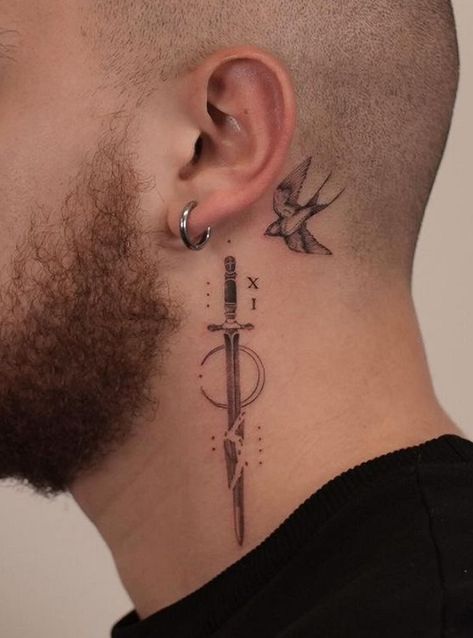 Tattoos On Neck Men, Men's Neck Tattoo, Neck Small Tattoo Men, Side Neck Tattoo Ideas For Men, Tattoo Di Leher, Neck Side Tattoo Men, Men’s Side Neck Tattoo, Back Neck Tattoo Men Ideas, Mens Back Of Neck Tattoo