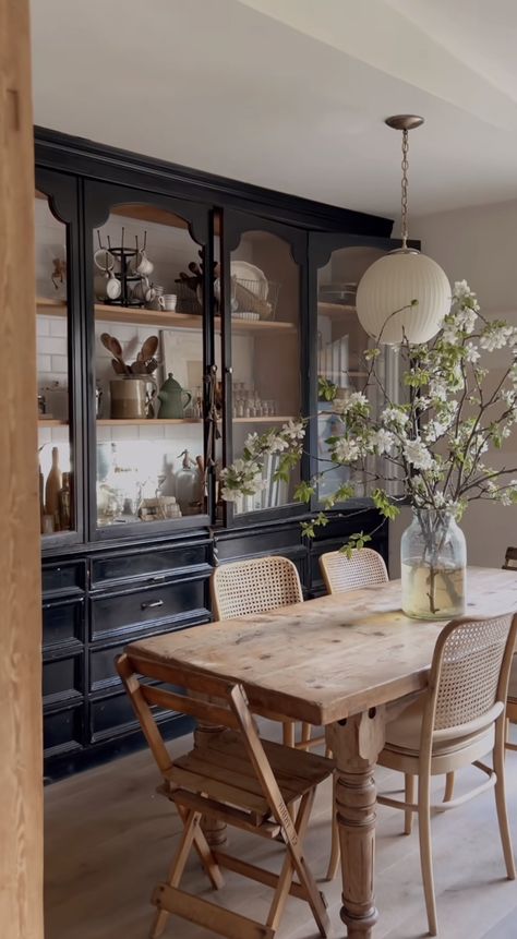 Built In Cabinets Dining Room, Built In Kitchen Hutch, Dinning Room Cabinet, Dining Room Built In, Dining Room Hutch, Black Cabinet, Base Trim, Black Dining Room, Favorite Flower