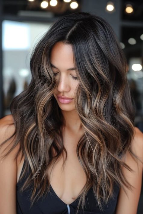 Hair For Dark Brunettes, Money Piece Balayage Brunette Dark, Not Blonde Balayage, Dark To Brown Balayage, Mocha Brown Hair With Honey Highlights, Natural Beige Hair Color, Dark Brunette With Platinum Highlights, Dark Dimensional Hair With Money Piece, Side Part Balayage Brunettes