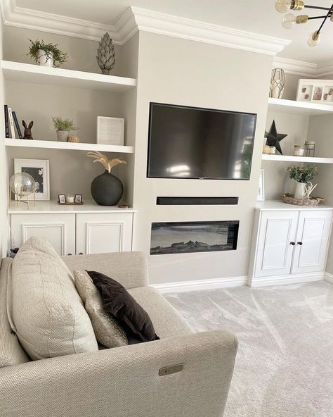 Alcove Media Wall, Media Wall Styling, Neutral Media Wall, White Media Wall, Small Media Wall, Media Wall Living Room, Living Room Media Wall Ideas, Media Wall With Storage, Living Room Built In Units