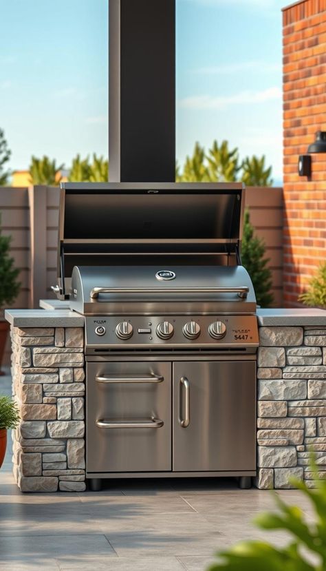 A stainless steel grill setup on a sleek patio with a modern dining area Bbq Setup, Steel Outdoor Kitchen, Bbq Essentials, Outdoor Kitchen Grill, Outdoor Grills, Stainless Steel Grill, Gas Bbq, Patio Dining, Bbq Grill