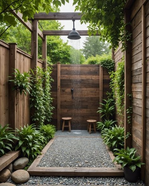 20 Refreshing Rustic Outdoor Shower Ideas To Bring The Spa To Your Backyard – ToolzView Outdoor Shower Design Ideas, Outside Shower Ideas Backyards Diy, Camp Bathroom Ideas, Outdoor Shower Toilet, Outdoor Shower Ideas Private, Bath House Outdoor, Outdoor Pool Shower Ideas, Pool Shower Outdoor, Rustic Outdoor Shower Ideas